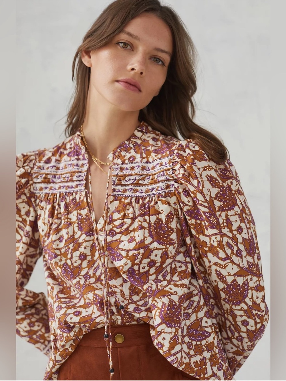 Love the Label Bohemian Floral Split-Neck Blouse in Brown and Cream small